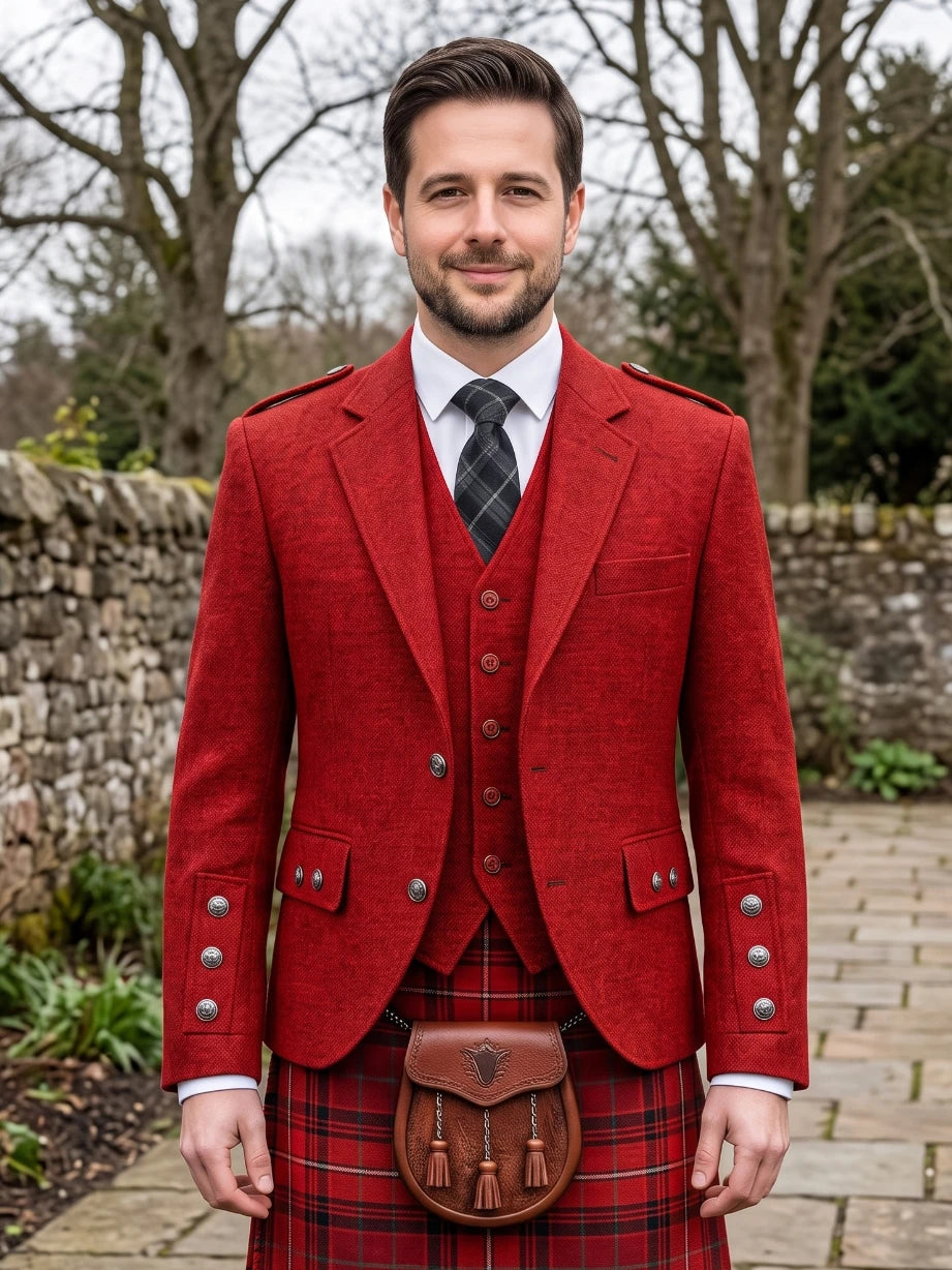 Rote Tweed Argyle Kilt-Jacke mit Weste