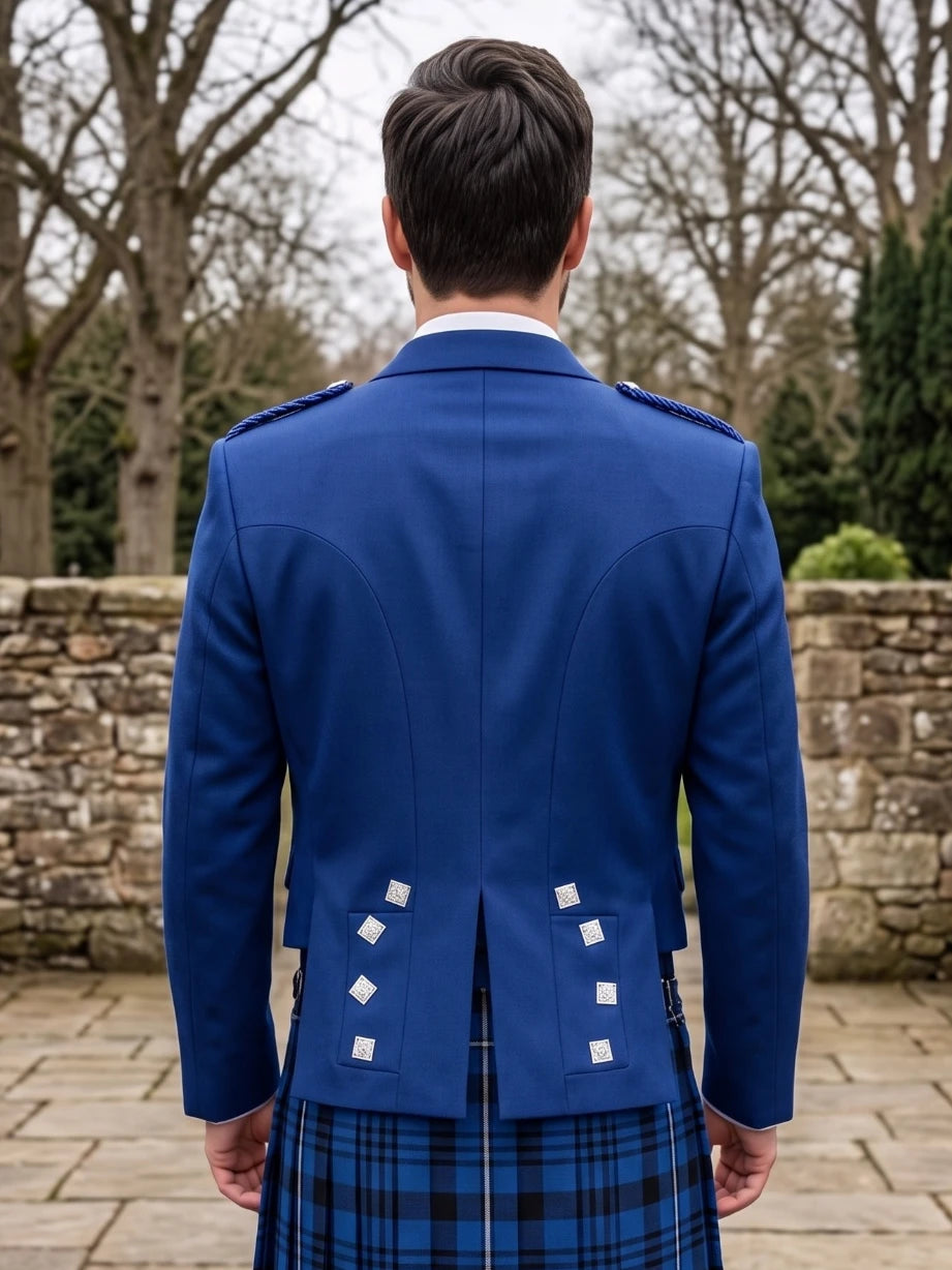 Royal Blaue Prince Charlie Kilt Jacke mit Satinrevers & Silbernen Quadratischen Knöpfen