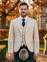 A man wearing a traditional Scottish formal outfit, featuring a light beige linen blazer and waistcoat over a white shirt, a dark green patterned tie, and a green tartan kilt with a sporran, standing outdoors in front of autumn trees.