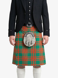 Person wearing a traditional Scottish kilt with a tartan pattern on a white background