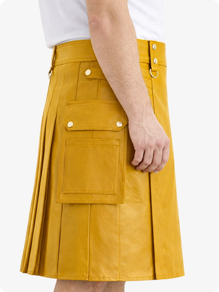 Mustard Yellow Genuine Leather Utility Kilt with Cargo Pockets & D-Rings