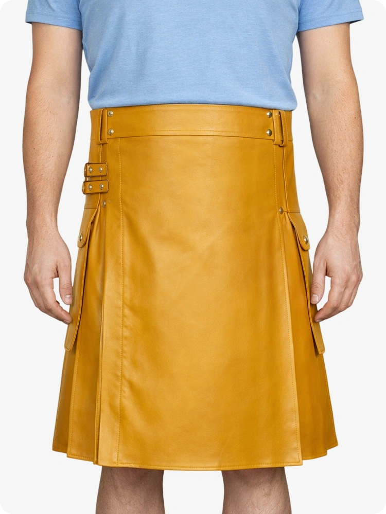 Mustard Yellow Genuine Leather Utility Kilt with Side Pockets