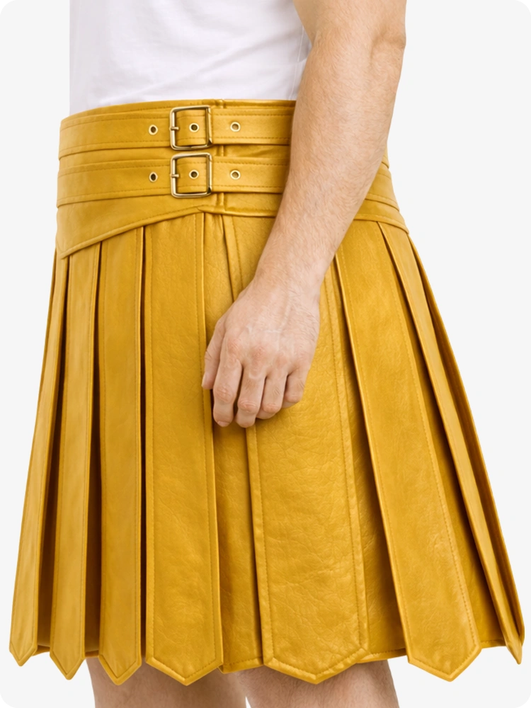 Yellow pleated skirt with belt on a white background