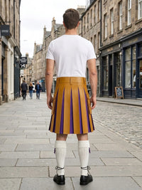Mustard Yellow  Leather Kilt With Purple Pleats Back Side