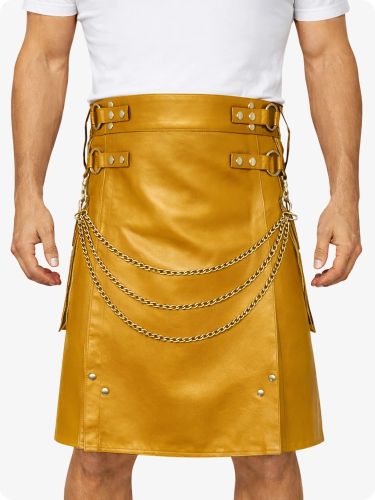 Mustard Yellow Leather Utility Kilt with Chain Detailing & Adjustable Straps