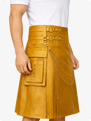 Mustard Yellow Leather Utility Kilt with Chain Detailing & Adjustable Straps