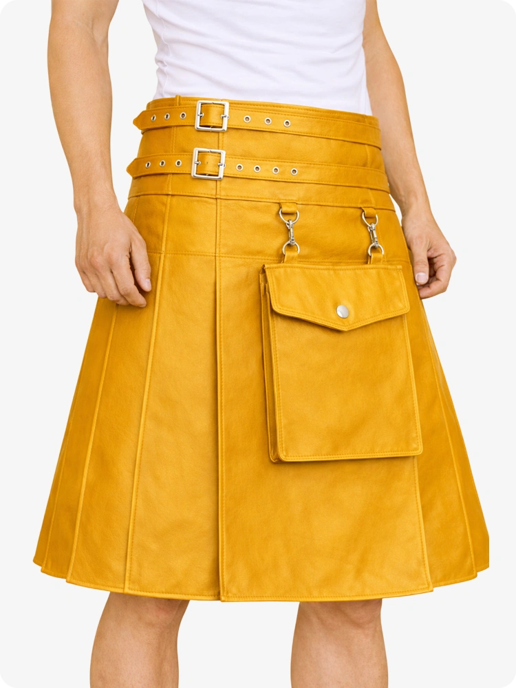Mustard Yellow skirt with belt and pockets on a white background