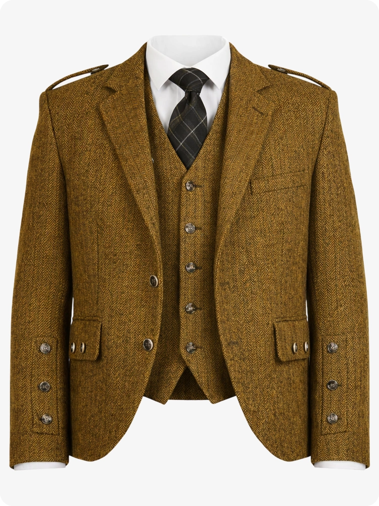Mustard Yellow Tweed Argyle Kilt Jacket With Vest