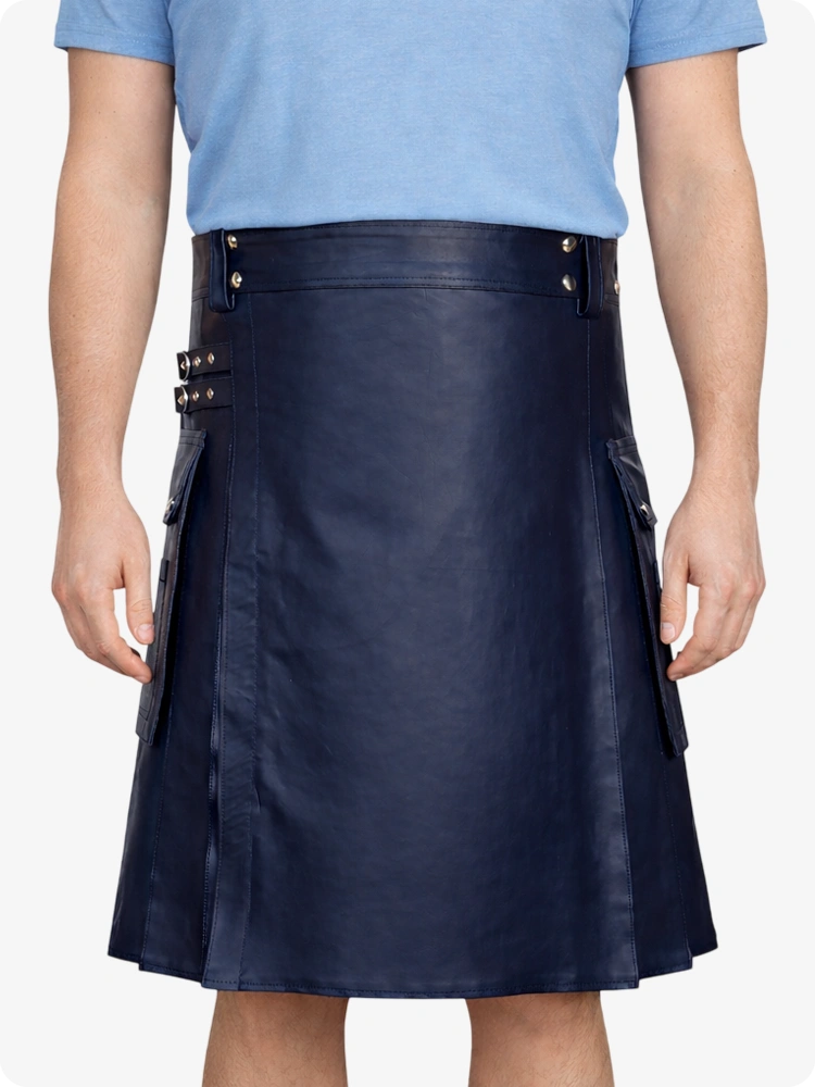 Marineblauer Utility-Kilt aus echtem Leder mit Seitentaschen