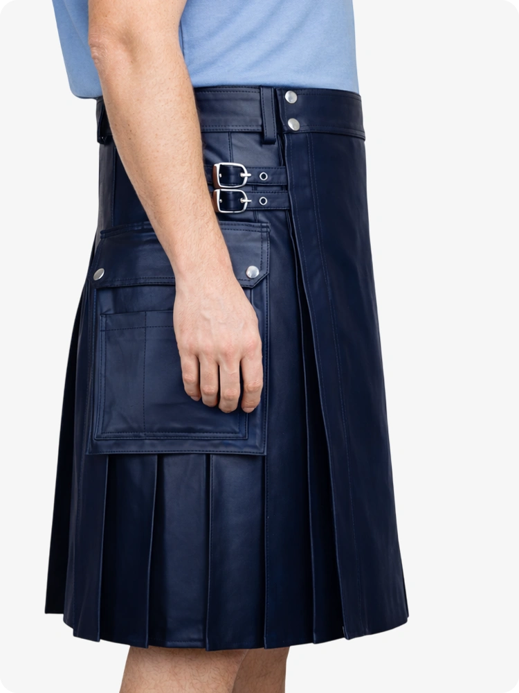 Marineblauer Utility-Kilt aus echtem Leder mit Seitentaschen