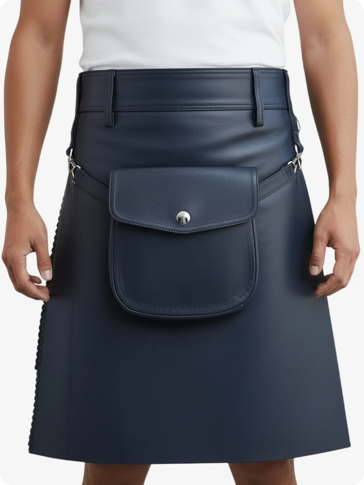 Marineblauer Leder Faltenkilt mit Gürtelschlaufen & Seitenriemen