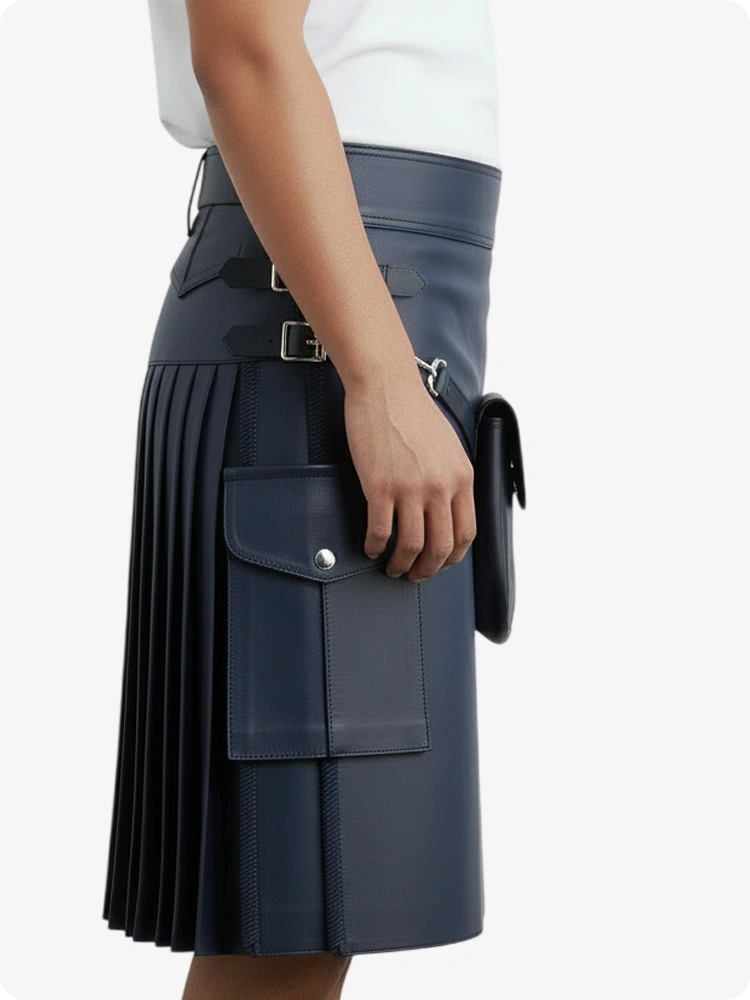 Marineblauer Leder Faltenkilt mit Gürtelschlaufen & Seitenriemen