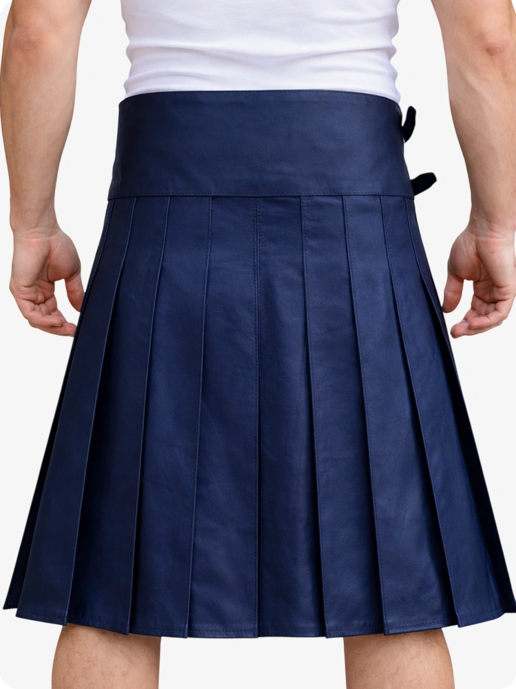 Navy Blue Leather Utility Kilt with Front Pocket & Adjustable Buckle Straps