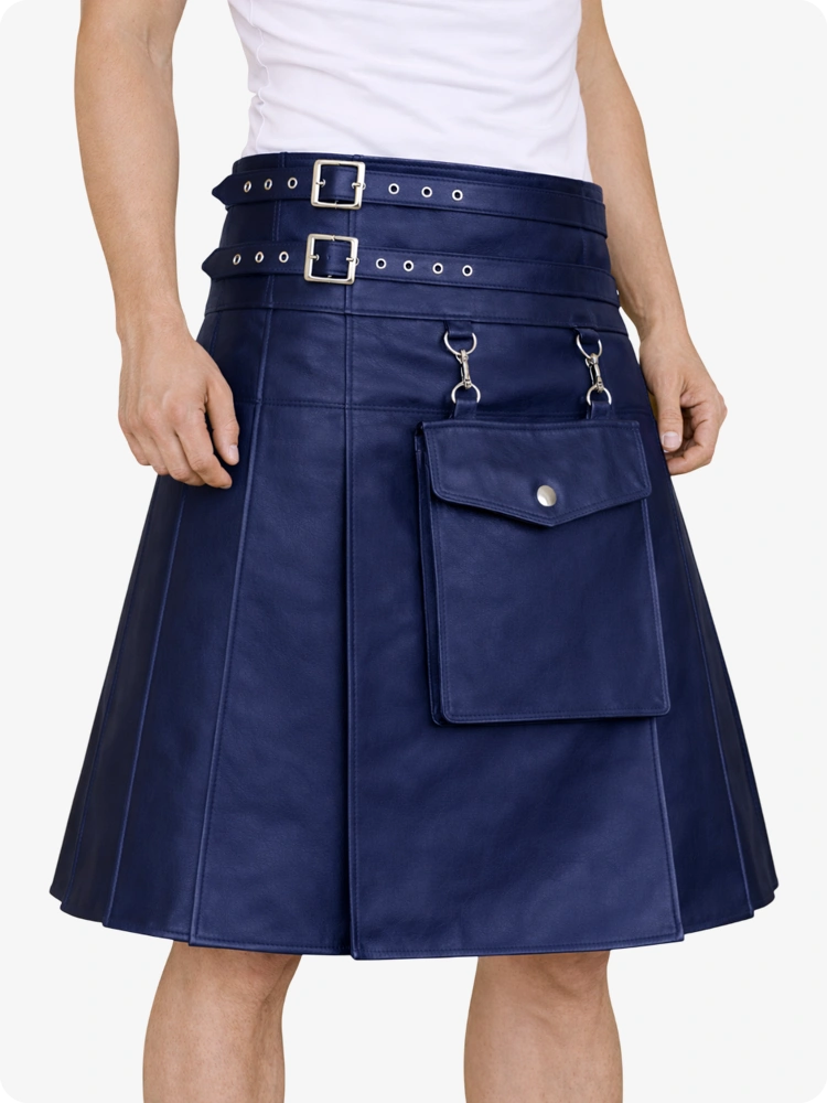 Marineblauer Leder-Utility-Kilt mit Fronttasche und verstellbaren Schnallenriemen
