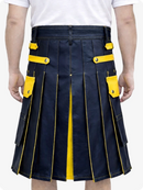 Marineblauer Leder Utility Kilt mit gelben Akzenten & abnehmbaren Taschen