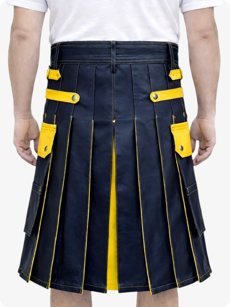 Marineblauer Leder Utility Kilt mit gelben Akzenten & abnehmbaren Taschen