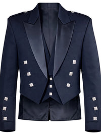 A dark navy blue double-breasted blazer with satin peak lapels and silver-toned decorative studs, shown against a plain white background.