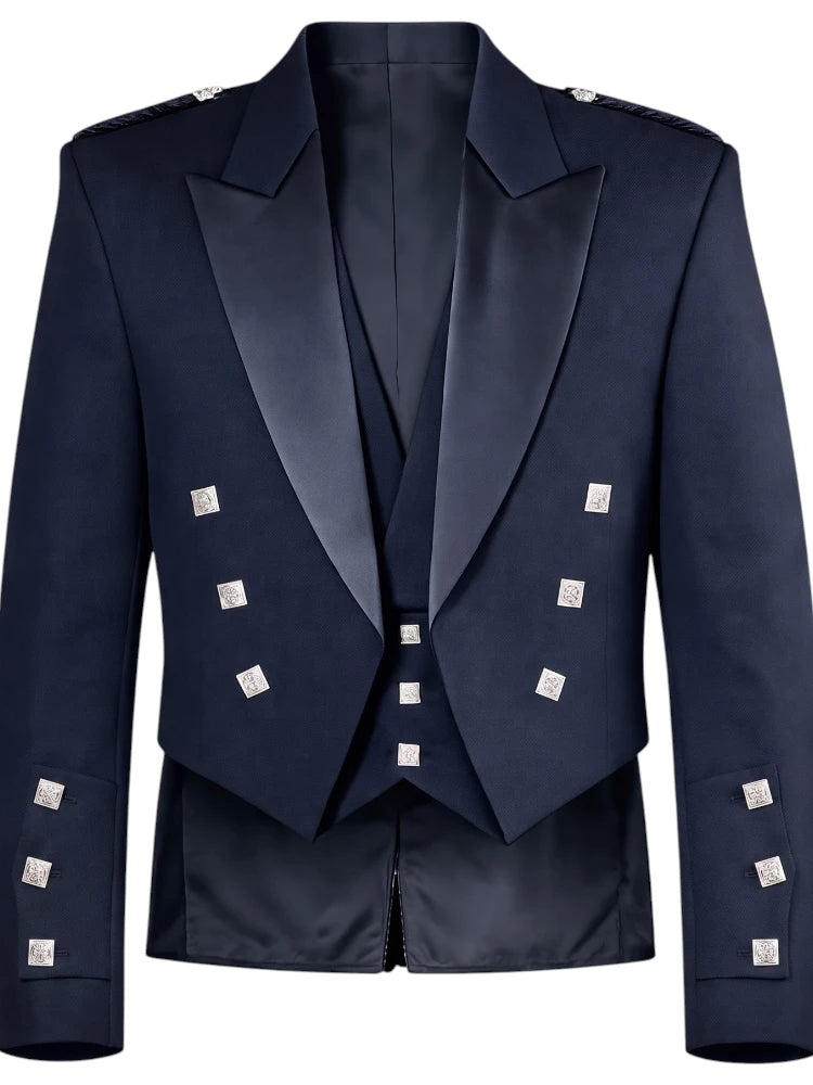 A dark navy blue double-breasted blazer with satin peak lapels and silver-toned decorative studs, shown against a plain white background.