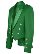 A bright green double-breasted blazer with satin lapels and decorative silver-toned square buttons, shown on a plain white background.