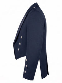 A navy blue double-breasted blazer shown from a side profile view, featuring silver-toned rectangular buttons on the front and cuffs, set against a plain white background.