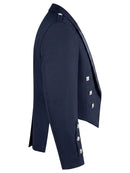 A navy blue double-breasted blazer shown from a side profile view, featuring silver-toned decorative buttons on the lapels and cuffs, set against a plain white background.