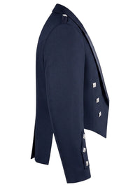 A navy blue double-breasted blazer shown from a side profile view, featuring silver-toned decorative buttons on the lapels and cuffs, set against a plain white background.