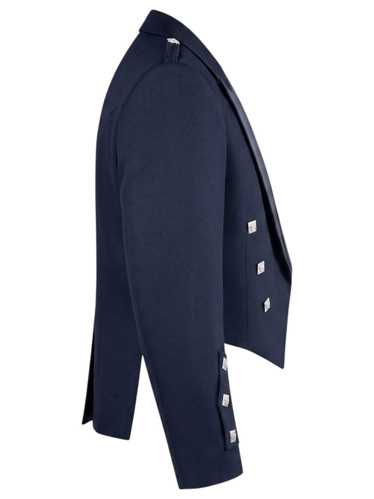 A navy blue double-breasted blazer shown from a side profile view, featuring silver-toned decorative buttons on the lapels and cuffs, set against a plain white background.