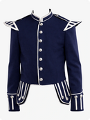 Navy blue military-style jacket with white accents on a white background