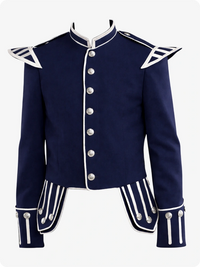 Navy blue military-style jacket with white accents on a white background