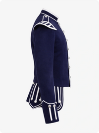Navy blue military-style jacket with white accents on a white background