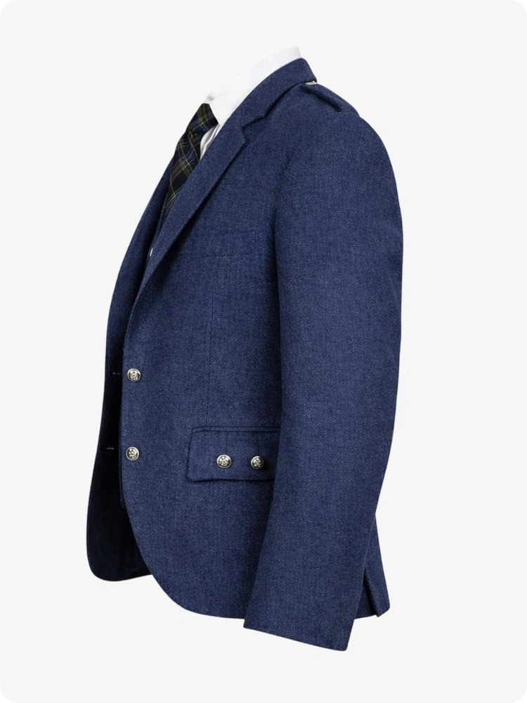 Blue blazer with silver buttons on a white background