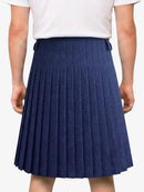 Navy pleated skirt worn by a person on a white background