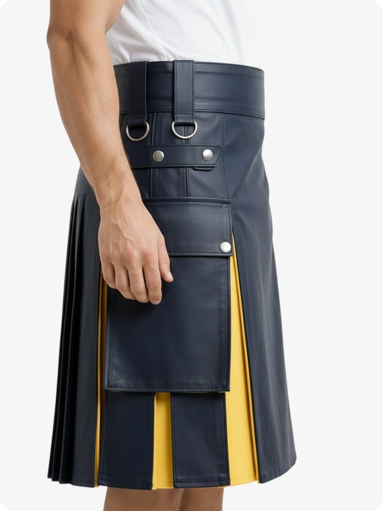 Marineblau & Gelb Leder Utility Kilt mit Cargotaschen