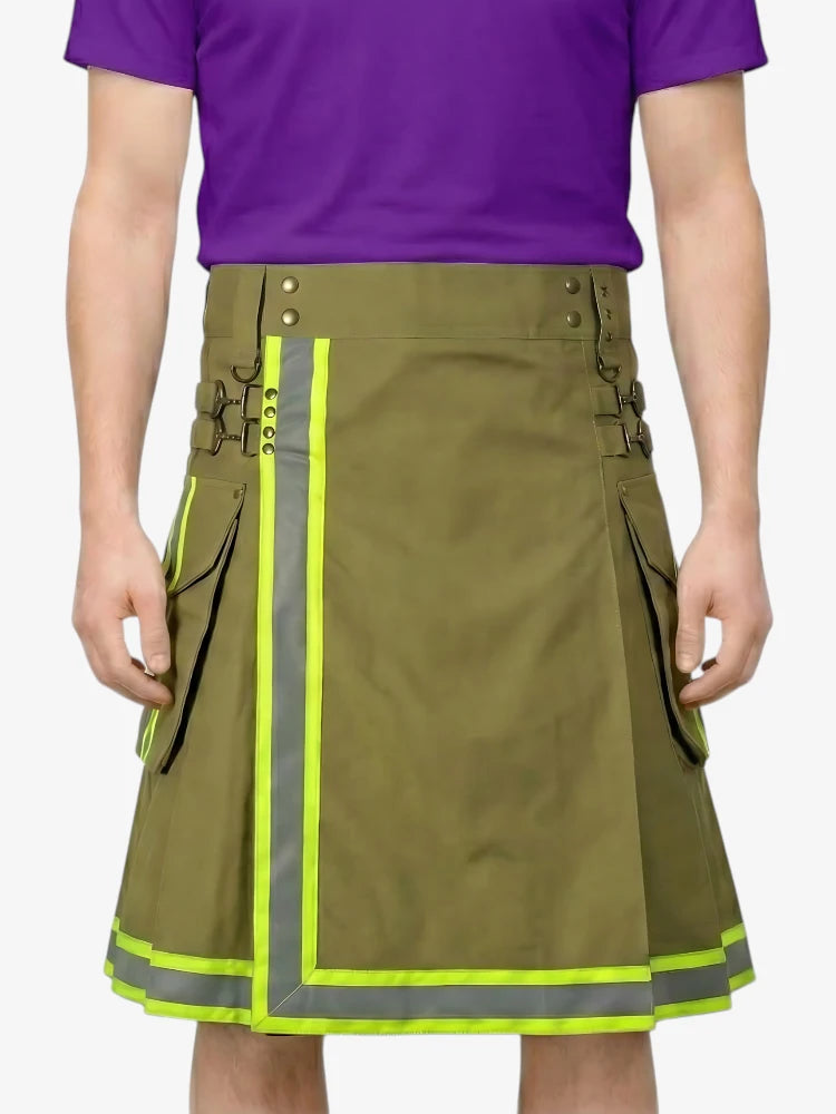 Olivgrüner Feuerwehr Kilt mit reflektierendem Besatz