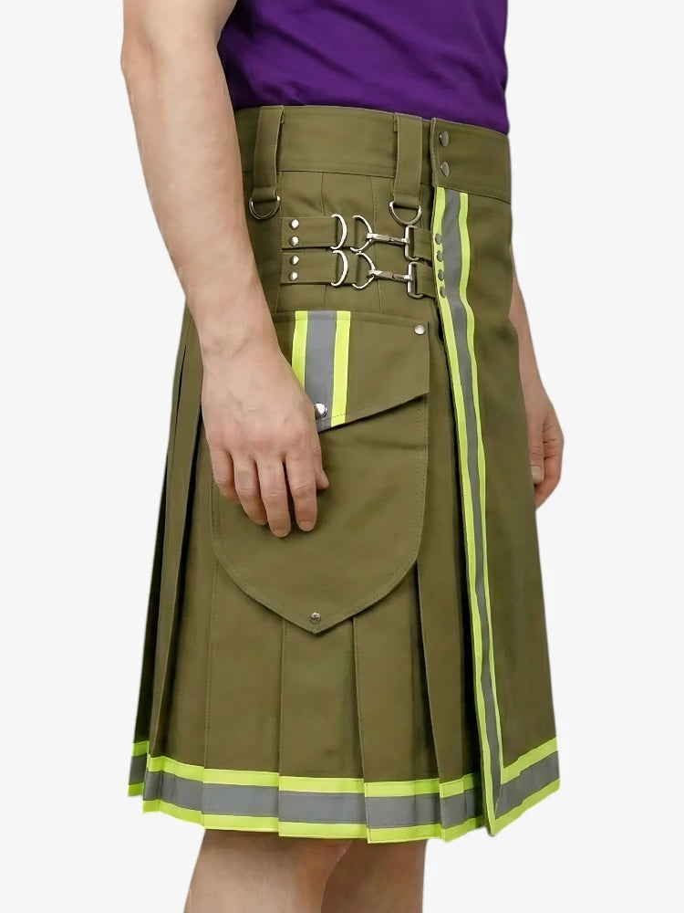 Olivgrüner Feuerwehr Kilt mit reflektierendem Besatz