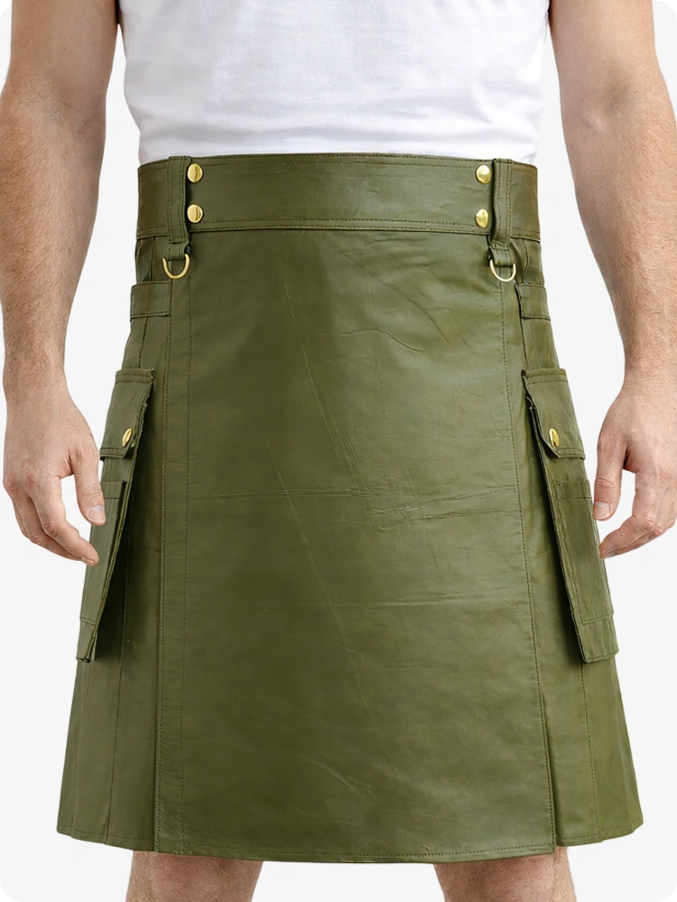 Olivgrüner Echtleder Utility Kilt mit Cargotaschen & D-Ringen