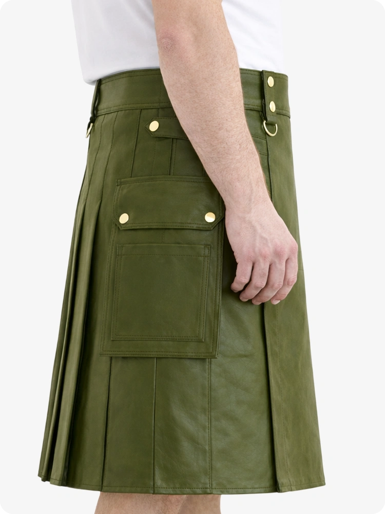 Olivgrüner Echtleder Utility Kilt mit Cargotaschen & D-Ringen