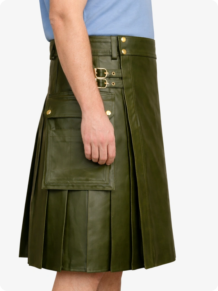 Olivgrüner Utility-Kilt aus echtem Leder mit Seitentaschen