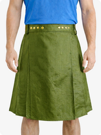 Olive Green kilt worn by a person with a blue shirt on a white background
