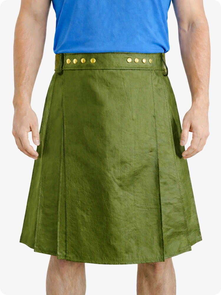 Olive Green kilt worn by a person with a blue shirt on a white background