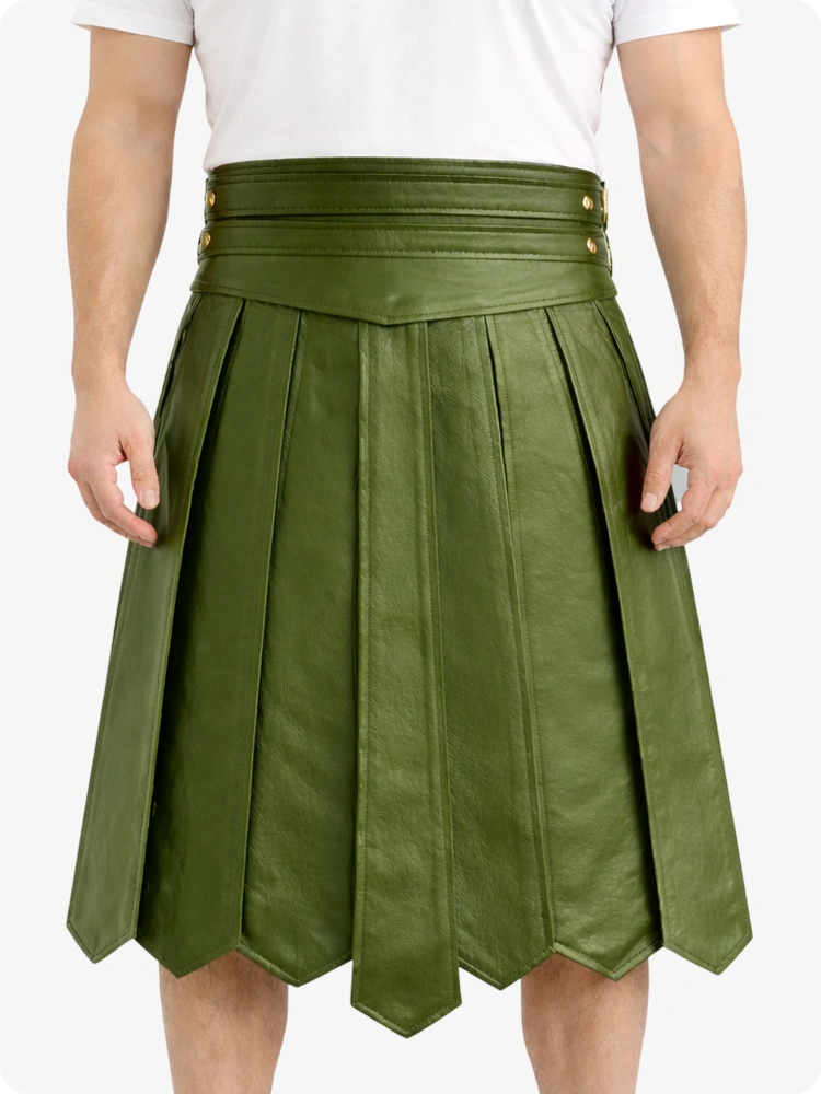 Olivgrüner Leder Highland Kilt mit verstellbarer Schnallen-Taille und klassischen Falten