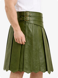 Olive Green leather skirt with a belt on a white background