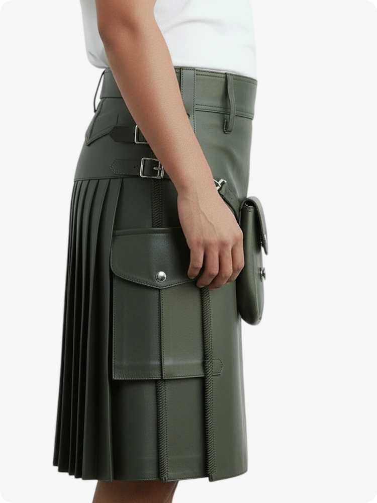 Olivgrüner Leder Faltenkilt mit Gürtelschlaufen & Seitenriemen