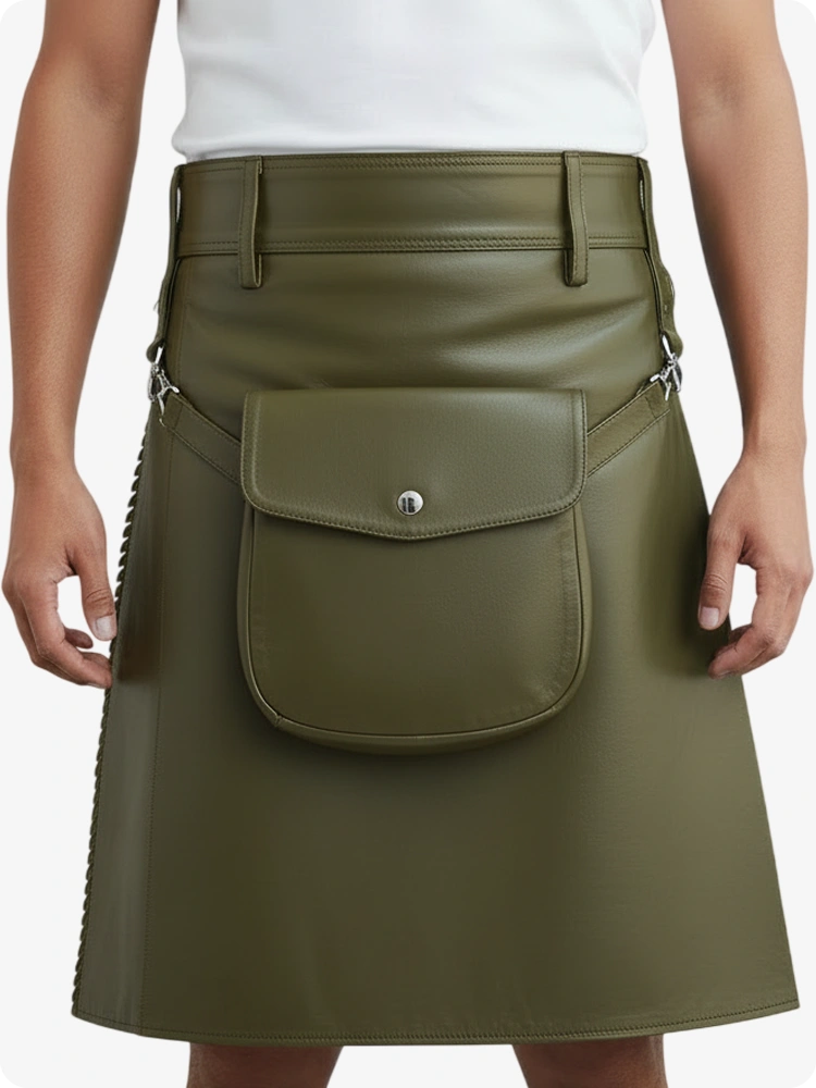 Olivgrüner Leder Faltenkilt mit Gürtelschlaufen & Seitenriemen