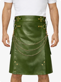 Olive Green Leather Utility Kilt with Chain Detailing & Adjustable Straps