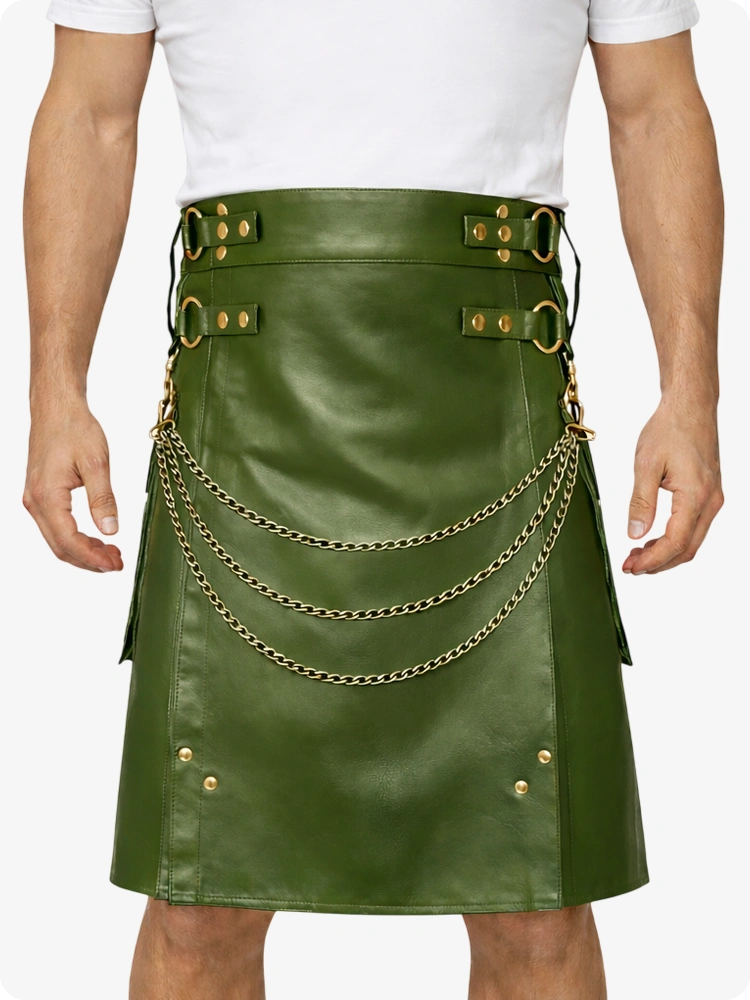 Olive Green Leather Utility Kilt with Chain Detailing & Adjustable Straps