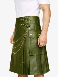 Olive Green Leather Utility Kilt with Chain Detailing & Adjustable Straps