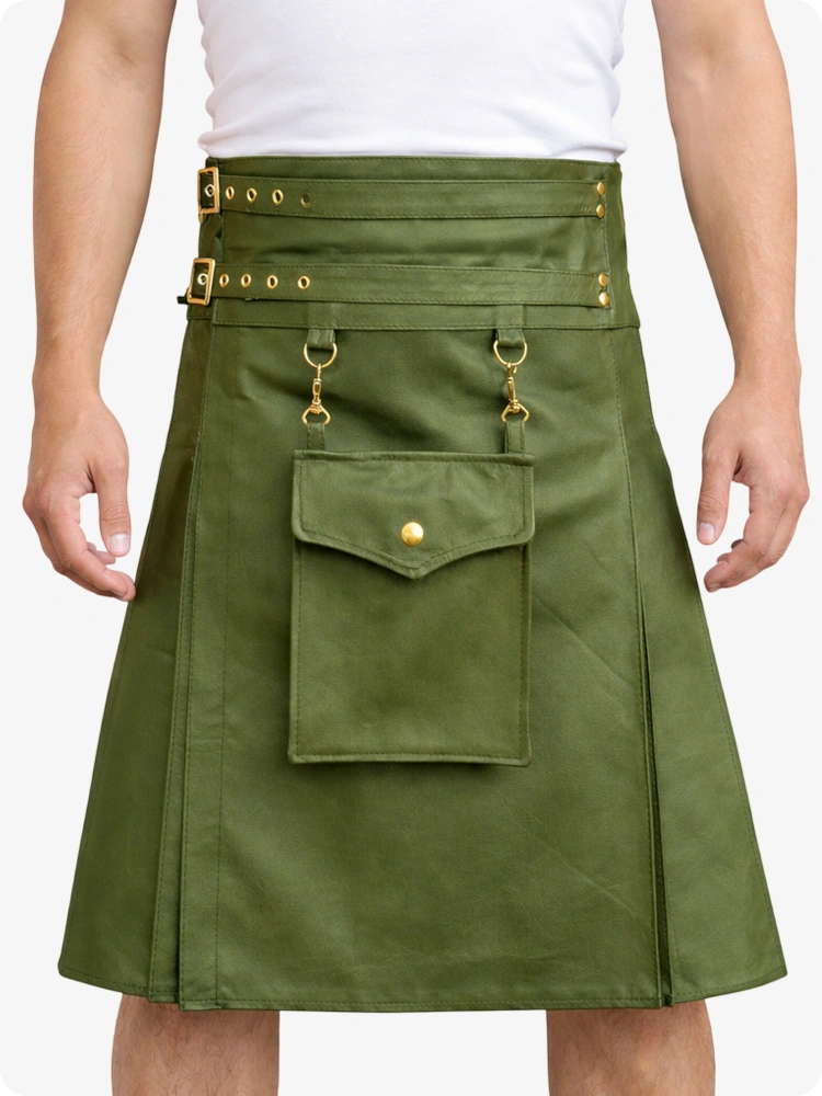 Olive Green Leather Utility Kilt with Front Pocket & Adjustable Buckle Straps