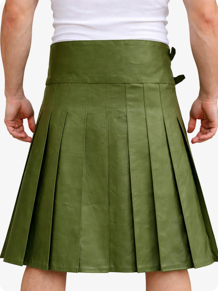 Olive Green Leather Utility Kilt with Front Pocket & Adjustable Buckle Straps
