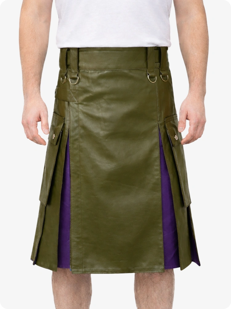 Olive Green Leather Utility Kilt with Purple Pleats, Side Pockets & D-Ring Hardware